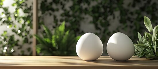 Poster - Two white eggs on a light wooden table with soft greenery in the background creating a calm and natural atmosphere for the display.