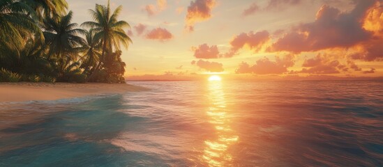Poster - Serene tropical beach at sunset with vibrant orange and pink sky, reflecting on calm blue water, framed by lush green palm trees.
