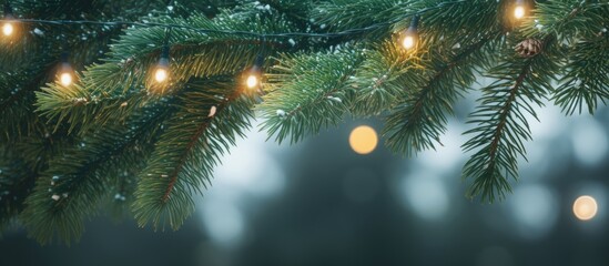 Poster - Spruce branches with green needles and warm white lights create a festive atmosphere in the foreground against a soft blurred background.
