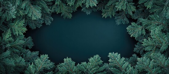 Fototapete - Dark green foliage frames a deep teal background, creating a natural border ideal for text or graphic overlays in design projects.