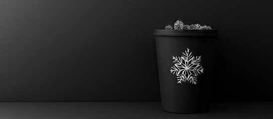 Poster - Holiday themed paper cut snowflake design on a black trash bin positioned left on a contrasting blank white and black flat lay background