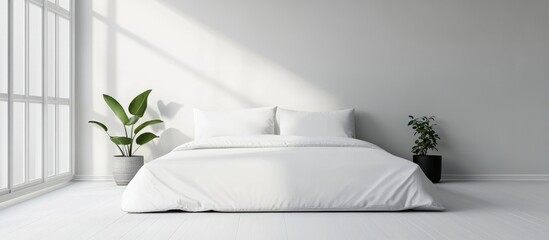 Aufkleber - Serene bedroom with a cozy white bed, large windows for natural light, greenery in matching pots, surrounded by ample open space for text or images