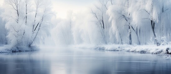 Aufkleber - Frozen winter landscape with misty river, snow-covered trees on both sides, soft light tones of blue and white creating a serene atmosphere.