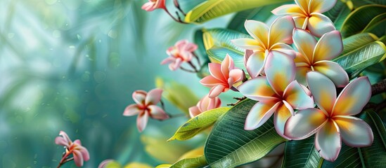 Aufkleber - Tropical scene showcasing vibrant pink, yellow, and white frangipani flowers blooming amidst lush green leaves with soft bokeh background.
