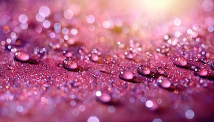 Poster - glistening water droplets on vibrant pink surface with soft bokeh effect for background, texture, or design projects