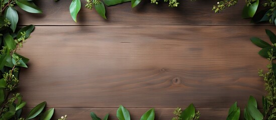 Aufkleber - Top view of dark wooden background framed with vibrant green vinegar tree branches creating a natural copy space for text in a flat lay composition