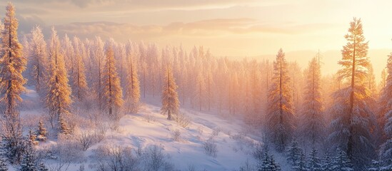 Aufkleber - Winter pine forest landscape with sunlit tree tops casting golden light over snow-covered ground in a serene twilight atmosphere.