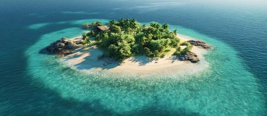 Poster - Tropical island oasis with lush green trees and crystal-clear turquoise waters surrounded by gentle waves under a bright blue sky.