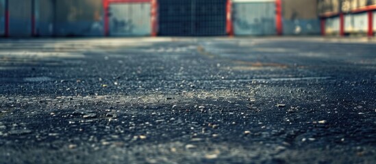 Aufkleber - Wet asphalt surface reflecting sunlight in urban setting with blurred background featuring gray walls and red gates creating ample copy space.