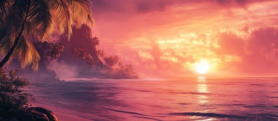 Aufkleber - Serene tropical sunset over calm ocean waters featuring soft pink and purple hues with palm silhouettes on the left and vibrant clouds above