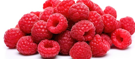 Poster - Fresh red raspberries scattered on a white background with ample negative space for text placement, creating a vibrant and appetizing layout.