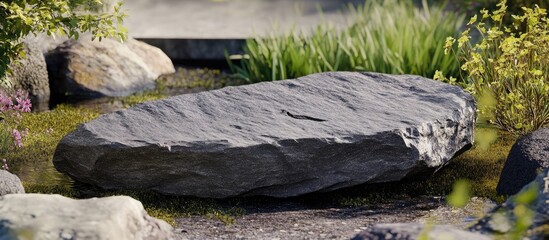 Poster - Natural basalt stone plaque for engraving, positioned centrally with lush green plants and small rocks surrounding it in a stylish garden setting
