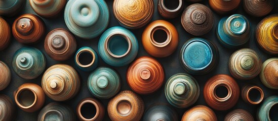 Leinwandbilder - Colorful handcrafted pottery jars arranged in a top view composition showcasing earthy tones of brown, turquoise, and orange with varying sizes and shapes.
