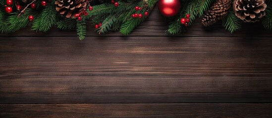 Poster - Christmas themed top down view featuring green fir branches red decorations and pine cones on a wooden background with ample copy space