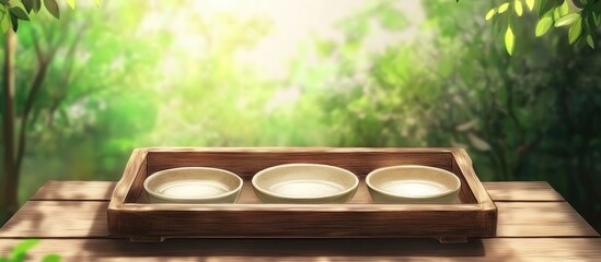 Poster - Wooden tray with three empty ceramic bowls placed on a rustic wooden table surrounded by lush green foliage and soft sunlight illuminating the scene.