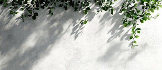 Fototapete - Lush green leaves casting intricate shadows on a textured white concrete wall highlighting nature's beauty and organic patterns in a serene setting.