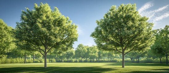 Fototapete - Lush green park with two large trees in foreground under clear blue sky surrounded by vibrant greenery creating a serene natural landscape