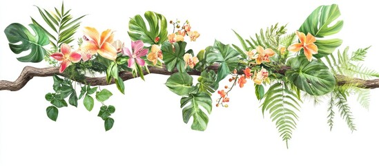 Poster - Vibrant tropical foliage and flowers in shades of green, orange, and pink arranged on a natural wooden branch against a white background.