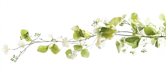 Aufkleber - Green leafy twig with delicate white flowers cascading from left to right on a bright white background showcasing natural beauty and elegance.