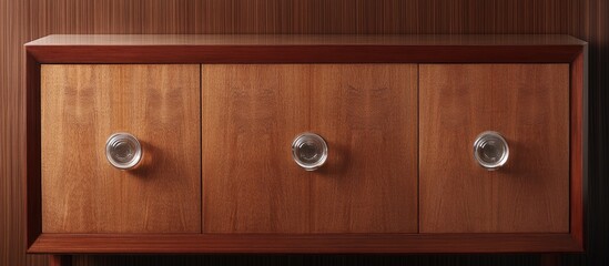 Aufkleber - Elegant wooden sideboard with three round glass handles showcasing a warm brown finish against a textured brown wall background.