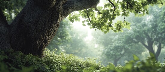 Leinwandbilder - Lush green trees with gentle sunlight filtering through in a serene forest setting, with rich textures and vibrant foliage in soft focus.