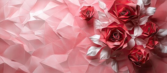 Aufkleber - Closeup of vibrant red origami roses arranged elegantly on a soft pink crumpled background creating a romantic and artistic ambiance.