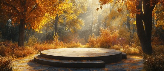 Leinwandbilder - Tranquil circular podium in autumn woods with golden orange leaves and soft sunlight illuminating the serene garden setting.