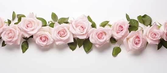 Aufkleber - Delicate pink roses with soft petals arranged in a horizontal line on a light background, complemented by lush green leaves.