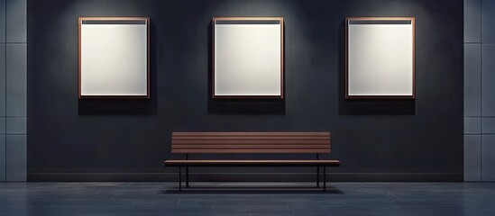 Leinwandbilder - Mockup of three empty white museum art frames on dark grey wall with focused lighting and a wooden seating bench in foreground create an elegant atmosphere