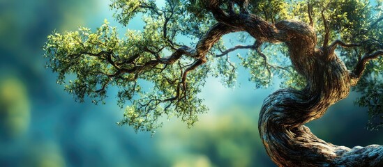 Leinwandbilder - Majestic twisted tree with detailed branches and vibrant green leaves on a blurred blue-green background symbolizing vitality and nature's beauty.