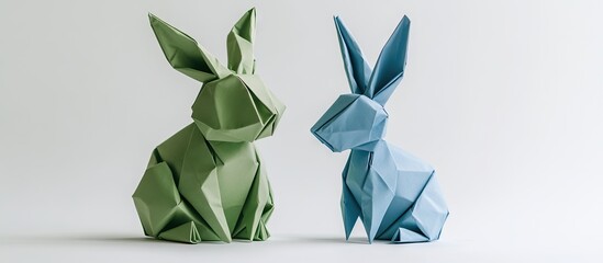 Poster - Origami rabbits in green and blue tones positioned side by side on a light background, showcasing intricate folding details and soft shadows.