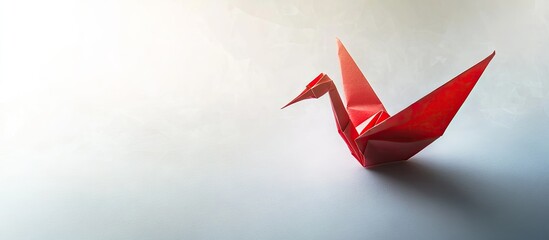 Poster - Red origami crane positioned on the right side of a soft gradient background with subtle shadows providing a serene and elegant ambiance.