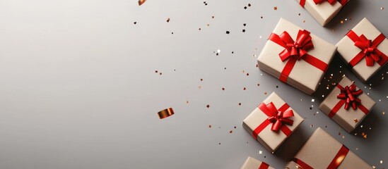 Poster - Colorful gift boxes with red ribbons and confetti scattered on a light gray background, positioned to the right for a festive holiday theme.