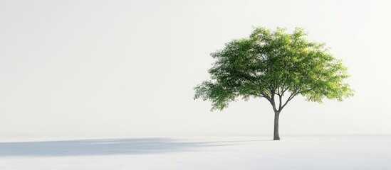 Aufkleber - Lush green tree positioned left on a stark white background casting soft shadows highlighting its form and creating a serene minimalist atmosphere.