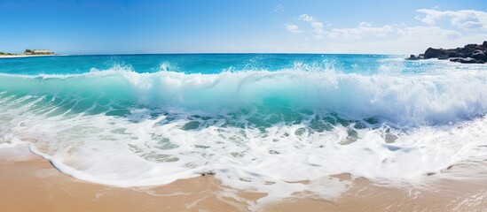 Aufkleber - Panoramic view of turquoise ocean waves crashing on sandy beach under clear blue sky with few white clouds creating a serene coastal landscape.