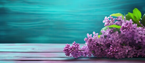 Aufkleber - Spring lilac bouquet on a weathered wooden surface with vibrant turquoise background offering ample copy space for creative design projects