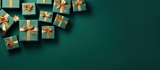 Poster - Top view of teal gift boxes with golden bows arranged on a rich green background with ample empty space for text or additional elements