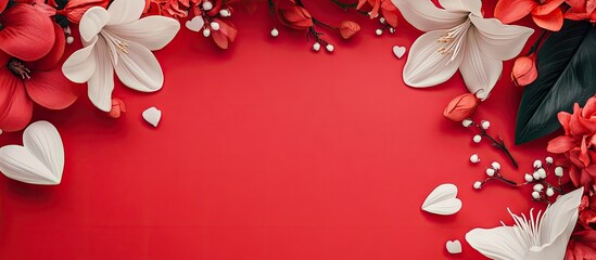 Aufkleber - Red background adorned with white and red flowers, heart-shaped decorations, and greenery, creating a vibrant and romantic floral arrangement.