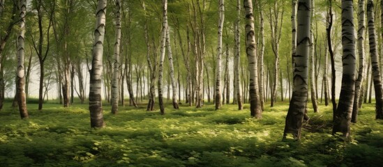 Leinwandbilder - Lush green poplar tree woodland with ample open space and sunlight filtering through the trees creating a serene and inviting atmosphere
