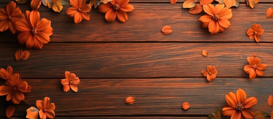 Poster - Colorful origami tulips in red, orange, and pink positioned on a dark wooden background with scattered orange petals creating a vibrant floral display.
