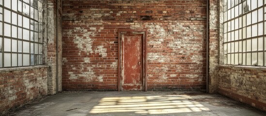 Poster - Vacant upper floor room with weathered brick walls and a rustic red door, featuring large windows casting shadows across the floor.