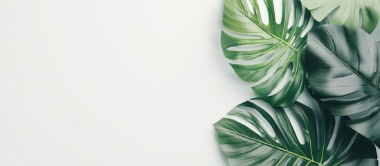Aufkleber - Tropical green monstera and coconut leaves arranged in the top right corner with a soft white background creating a summer vibe atmosphere