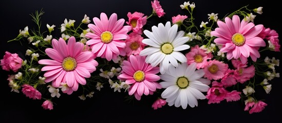 Aufkleber - Colorful arrangement of pink and white daisies with yellow centers on a black background, showcasing vibrant floral details and lush composition.