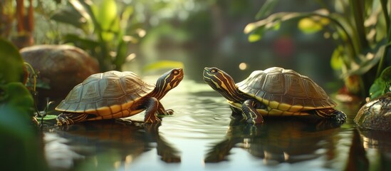 Poster - Two turtles in warm sunlight facing each other by a calm pond surrounded by lush greenery and soft reflections enhancing a serene atmosphere.
