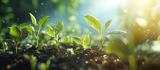 Poster - Young green seedlings emerging from rich dark soil with soft morning sunlight illuminating the background creating a fresh and vibrant atmosphere