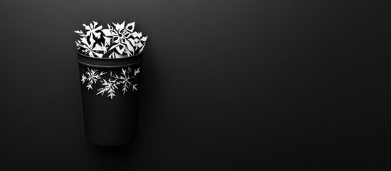 Poster - Holiday themed trash bin with snowflake paper cut design in black and white displayed on a minimalist black background in flat lay style.