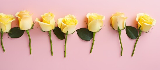 Aufkleber - Yellow roses arranged in a straight line on a soft pink background, showcasing vibrant petals and green leaves, creating a fresh and elegant look.