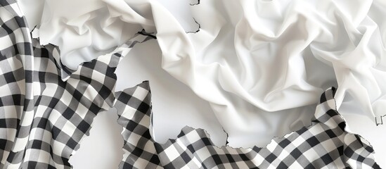 Poster - Crumpled black and white checkered fabric draped over smooth white backdrop with soft folds creating texture and ample copy space in center