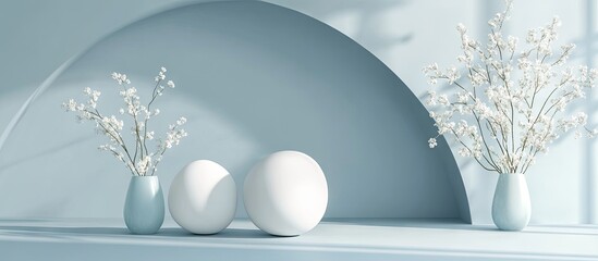 Poster - Minimalist Easter composition featuring two white eggs positioned on a soft blue surface with delicate white flowers in light blue vases