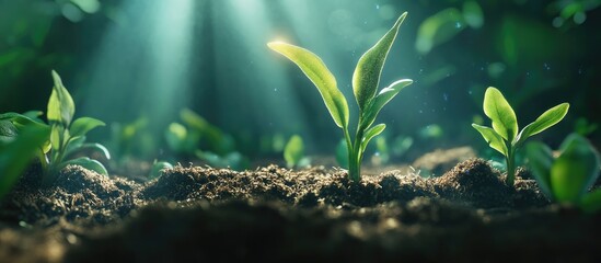 Aufkleber - Green seedlings emerging from rich dark soil illuminated by soft shafts of morning sunlight creating a peaceful and vibrant ecology concept.